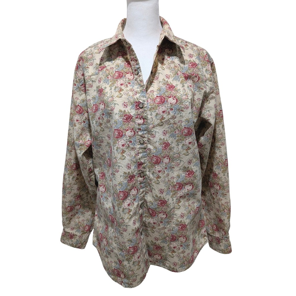 Wrangler Womens Floral Western Pearl Snap Southwestern Rodeo Cowgirl Shirt M